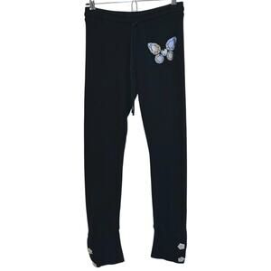 Lauren Moshi Y2K Graphic Butterfly Jogger Pants XS Black Jewel Streetwear 90s